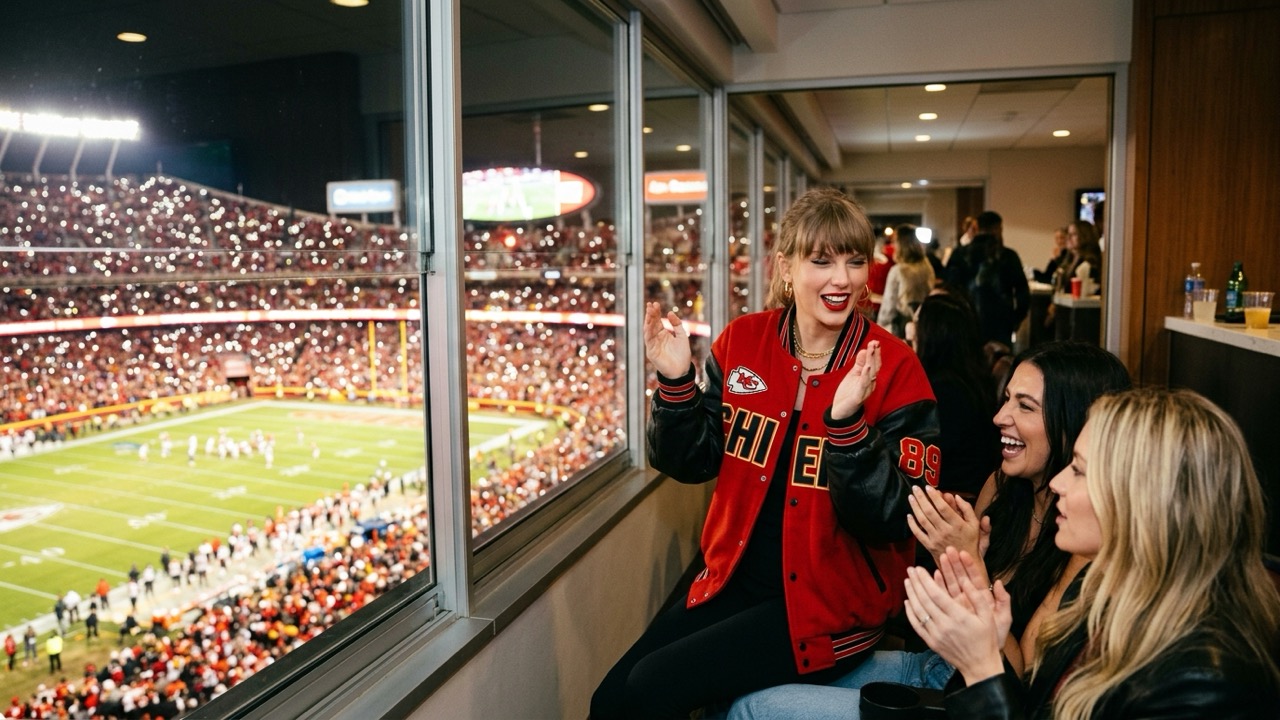 Taylor Swift cheering in the VIP stadium luxury suite at an NFL football game